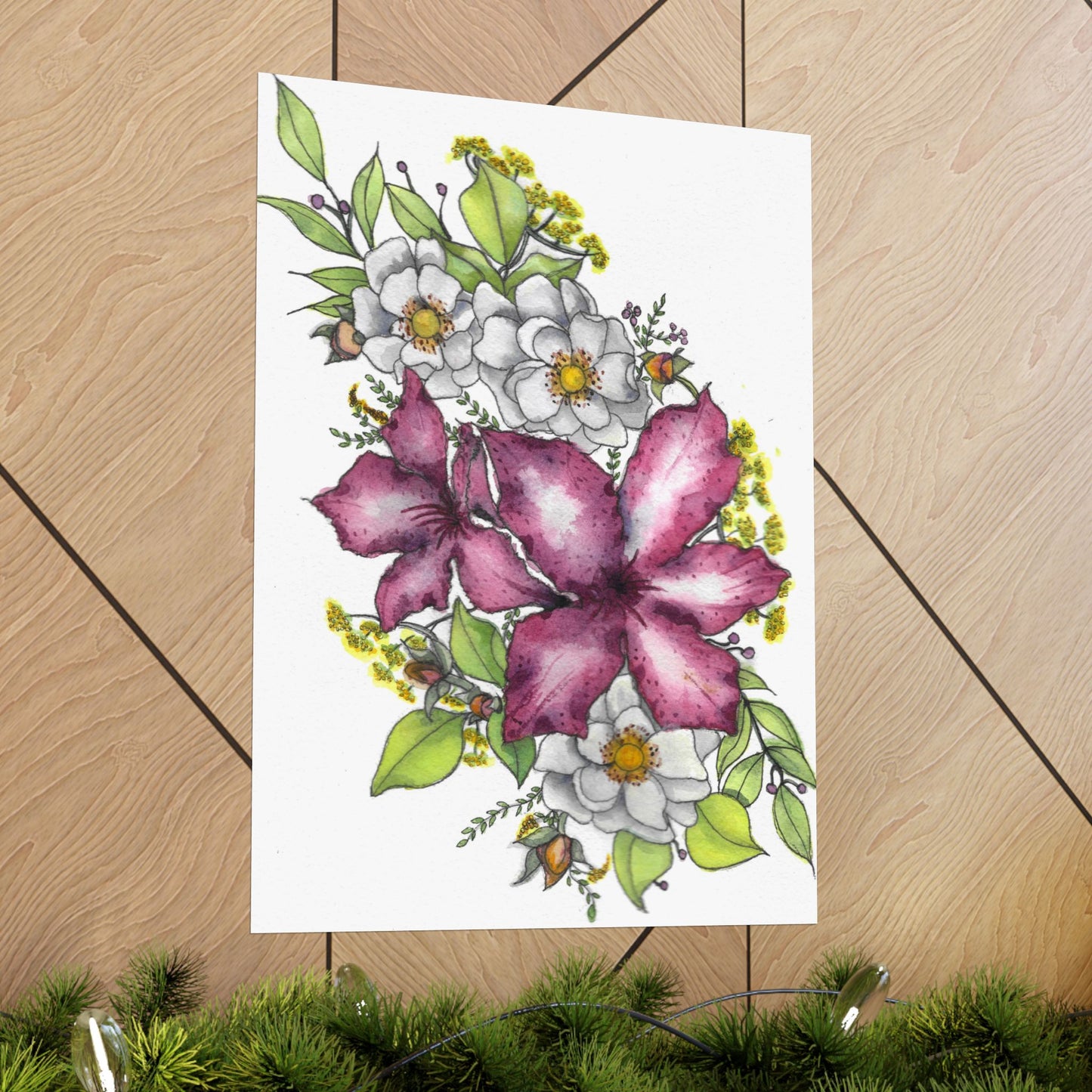 Floral Watercolor Poster | Pink Lily & White Blossoms Matte Vertical Print