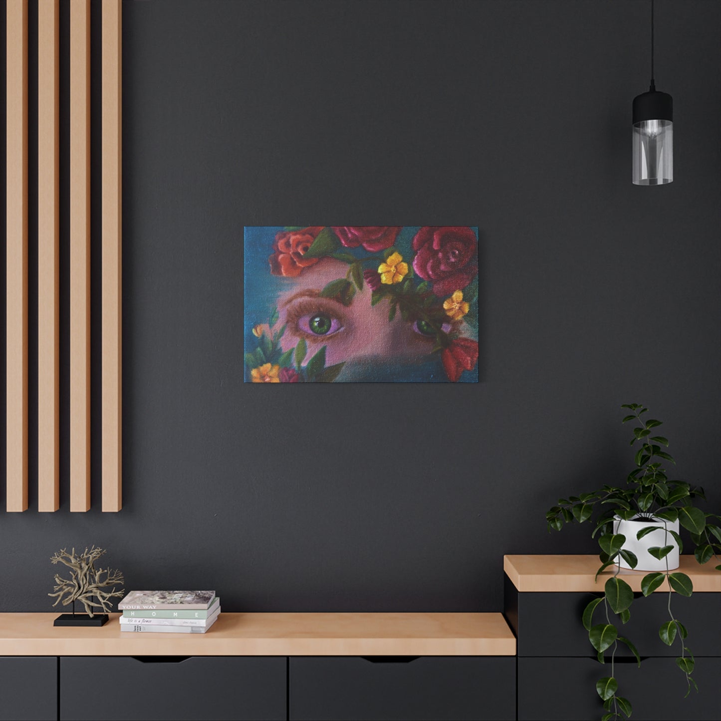 Floral Gaze Matte Stretched Canvas Art — Surreal Eyes with Rose Wreath