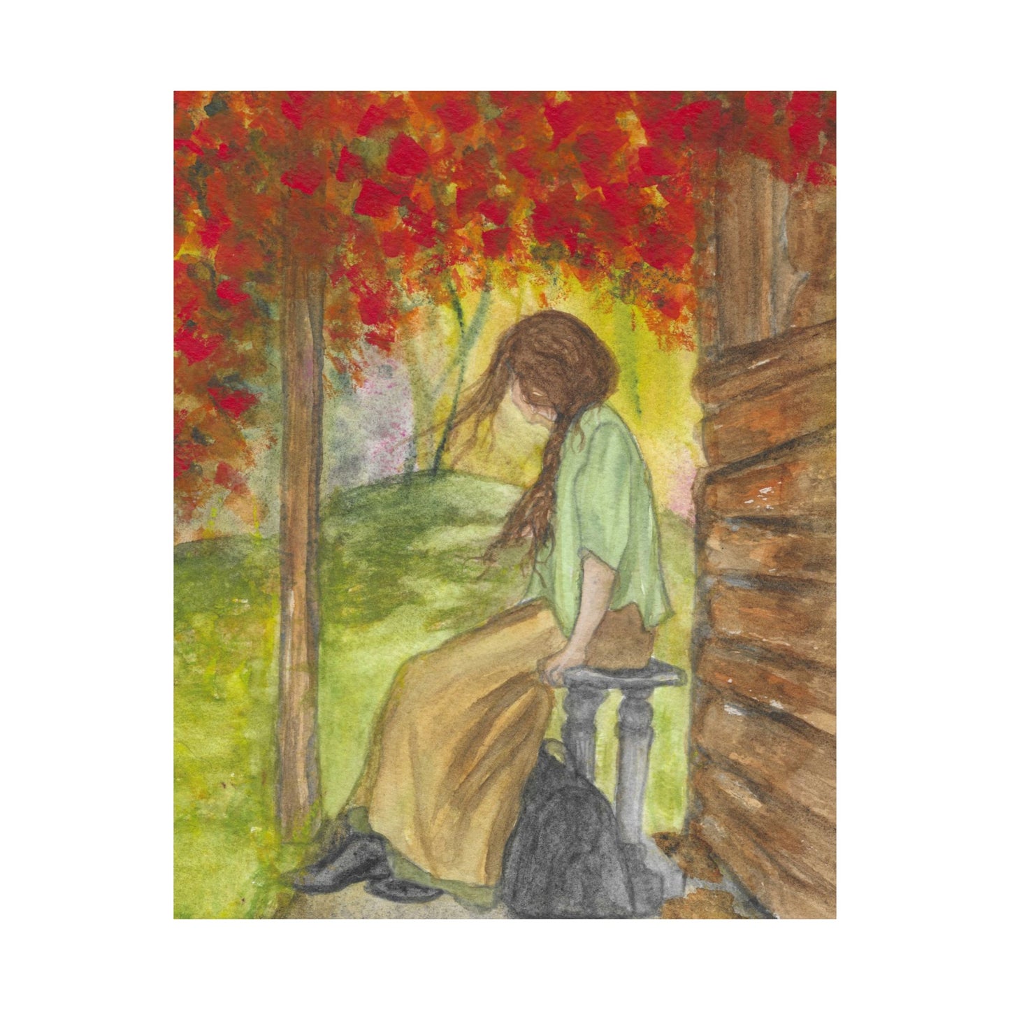 Autumn Porch Daydream Matte Poster — Girl with Red Leaves Art Print