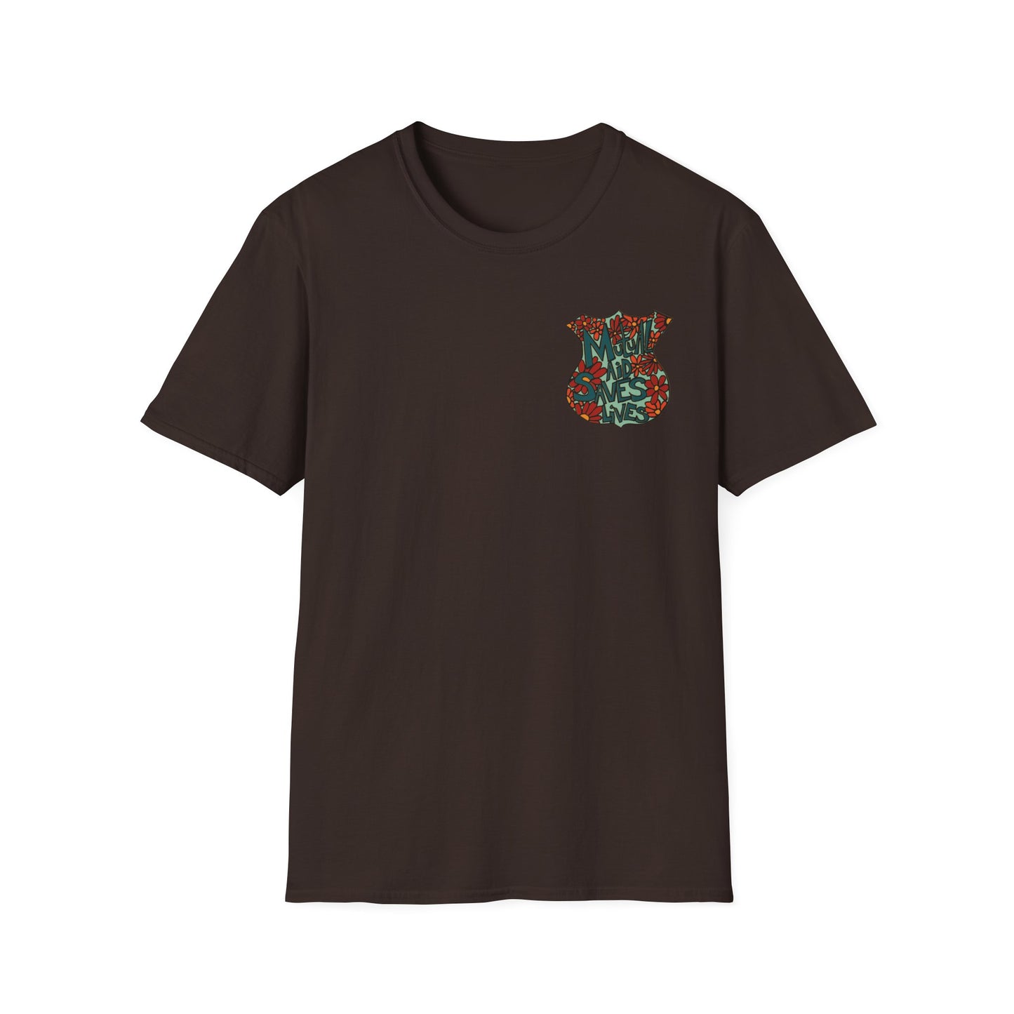 Vintage Floral Shield T‑Shirt — 'Mutual Aid Saves Lives' Pocket Graphic