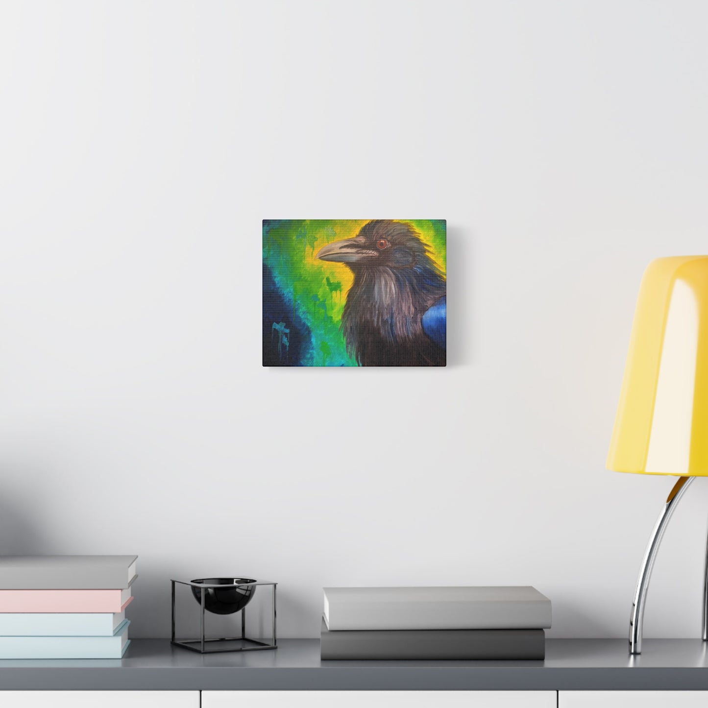 Raven Portrait Matte Canvas Art | Vibrant Green & Blue Stretched Wall Decor