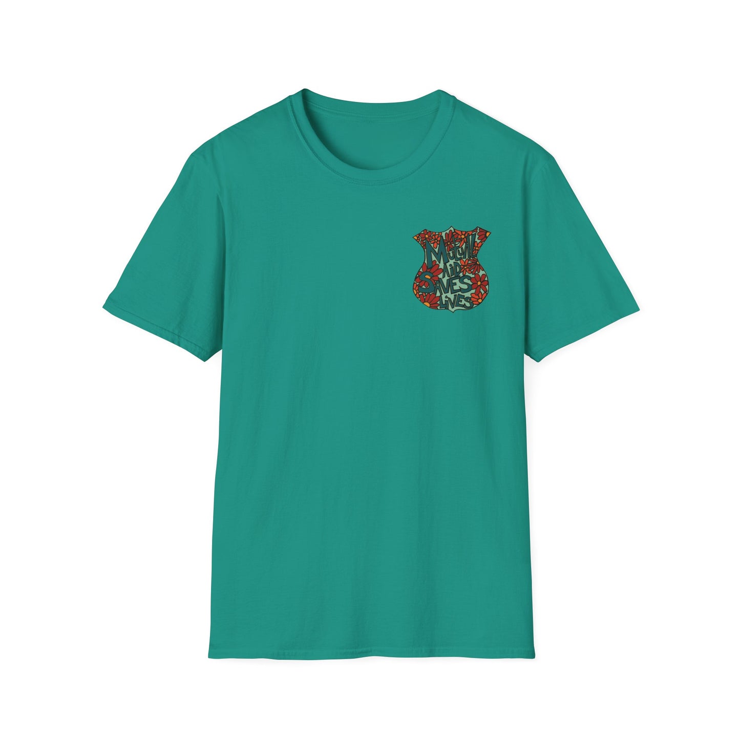 Vintage Floral Shield T‑Shirt — 'Mutual Aid Saves Lives' Pocket Graphic