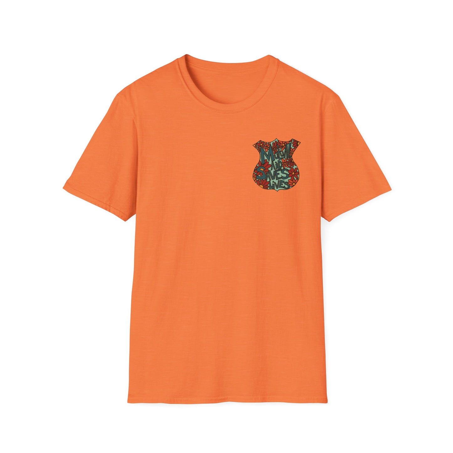 Vintage Floral Shield T‑Shirt — 'Mutual Aid Saves Lives' Pocket Graphic