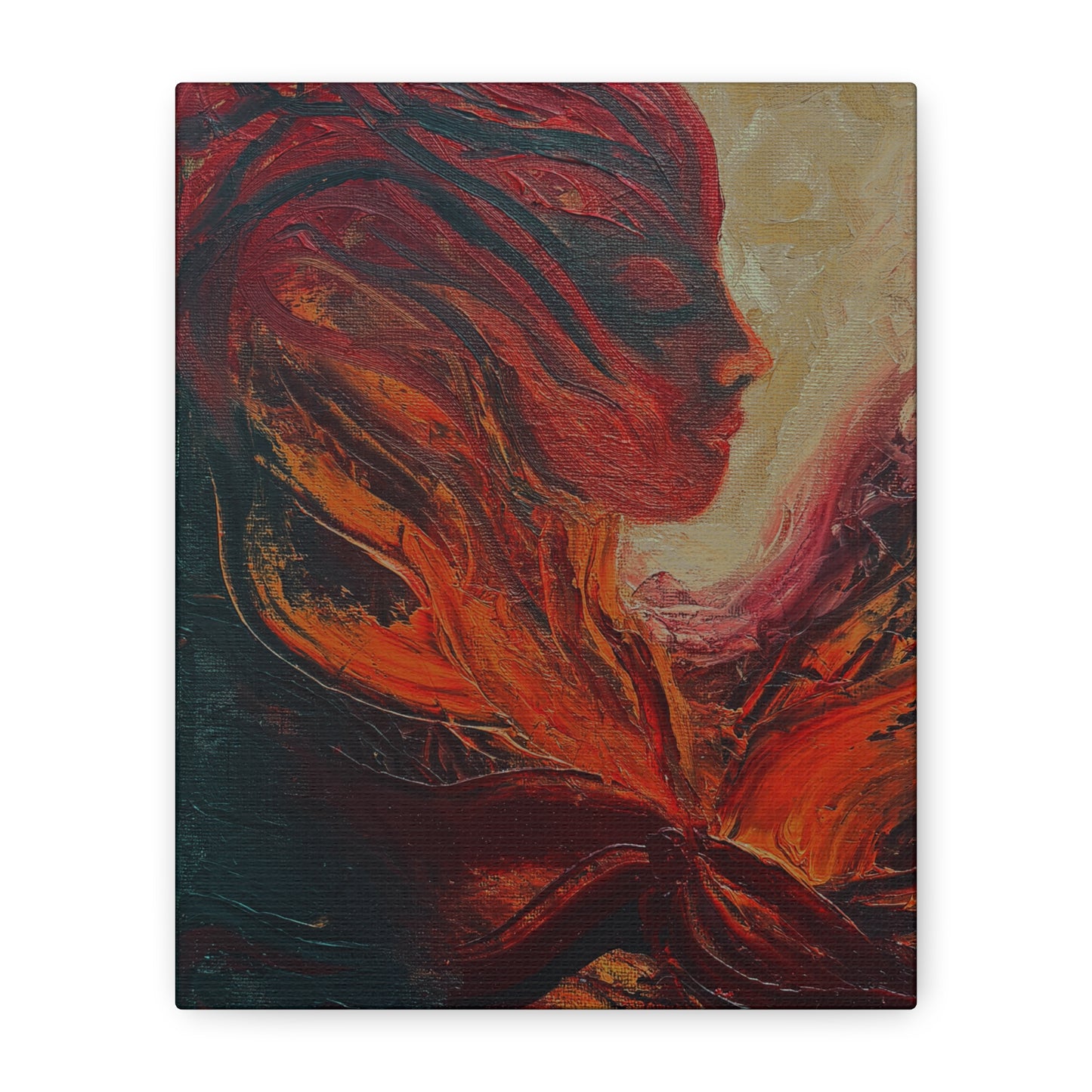 Abstract Phoenix Portrait Matte Canvas Wall Art | Fiery Female Silhouette Stretched Canvas