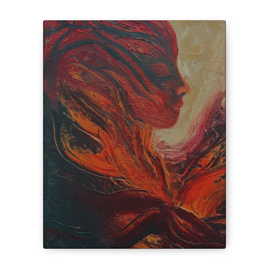 Abstract Phoenix Portrait Matte Canvas Wall Art | Fiery Female Silhouette Stretched Canvas