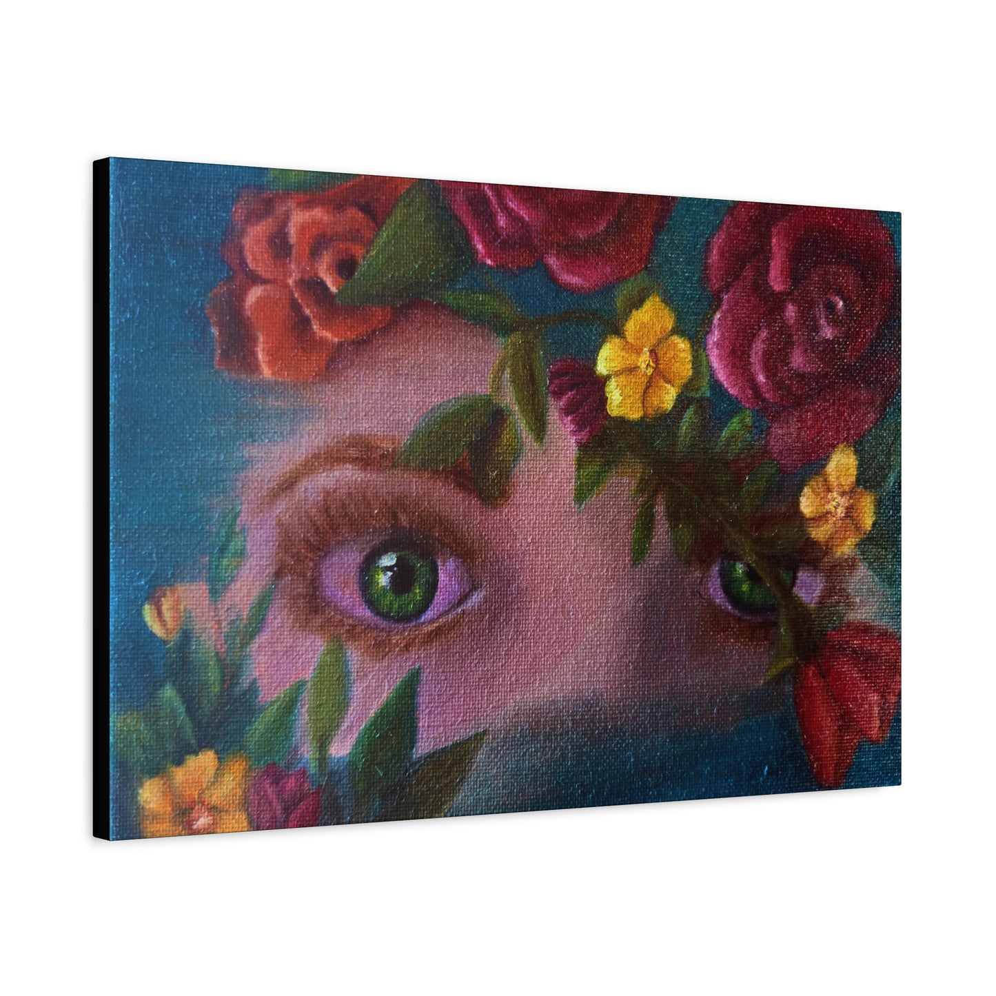 Floral Gaze Matte Stretched Canvas Art — Surreal Eyes with Rose Wreath