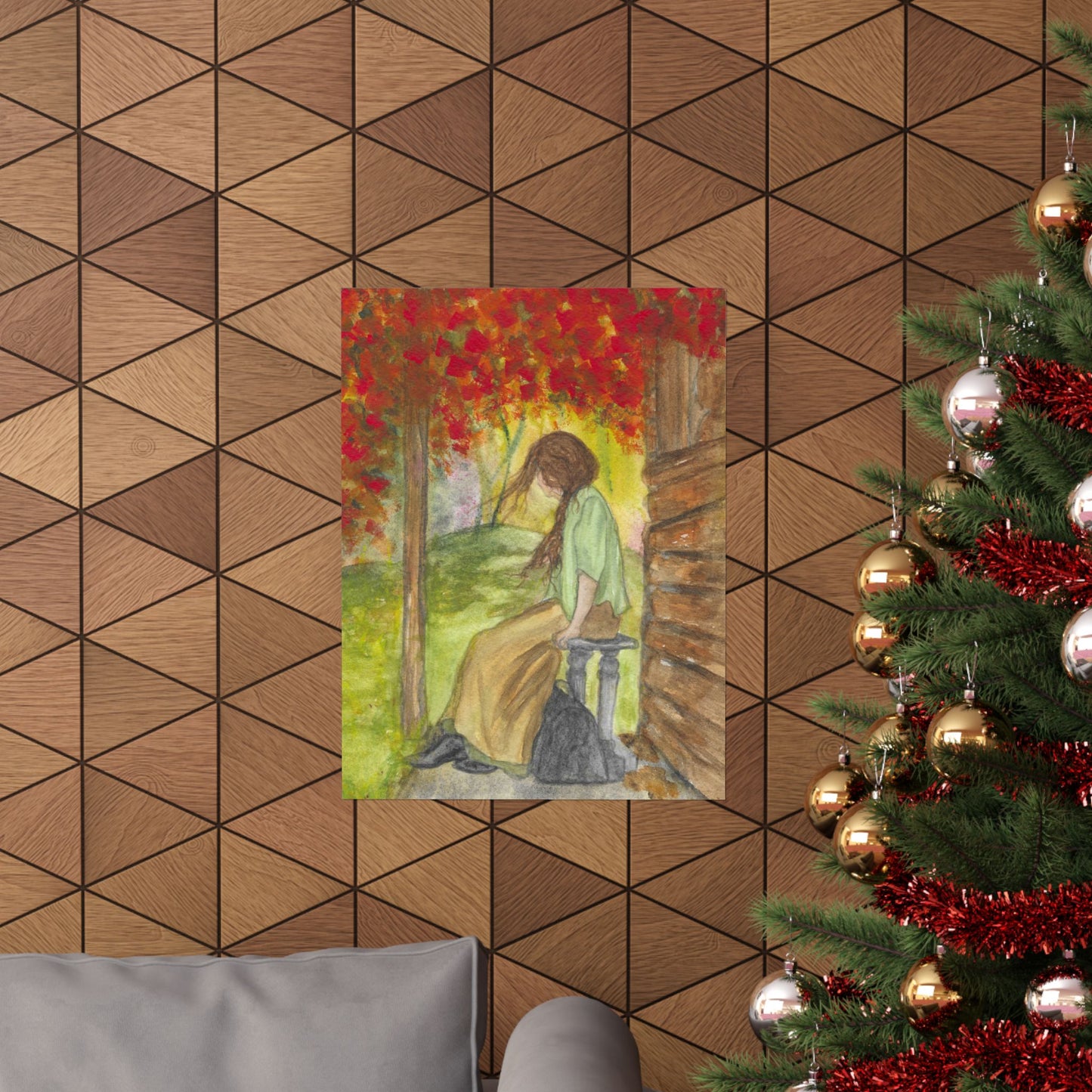 Autumn Porch Daydream Matte Poster — Girl with Red Leaves Art Print