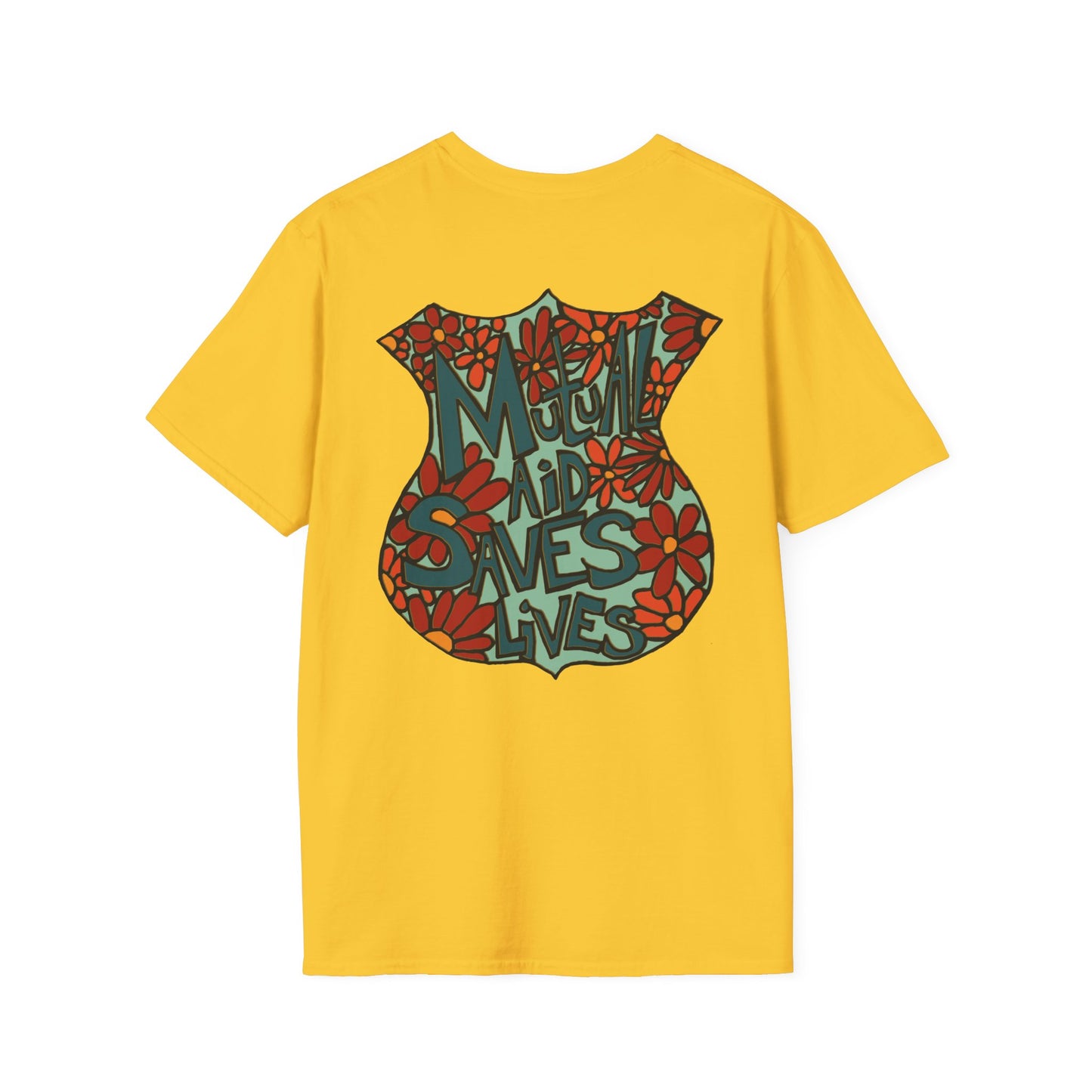 Vintage Floral Shield T‑Shirt — 'Mutual Aid Saves Lives' Pocket Graphic