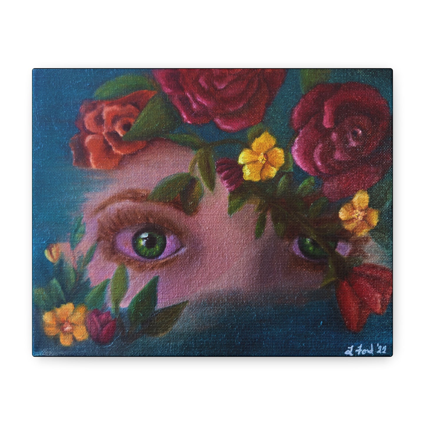 Floral Gaze Matte Stretched Canvas Art — Surreal Eyes with Rose Wreath