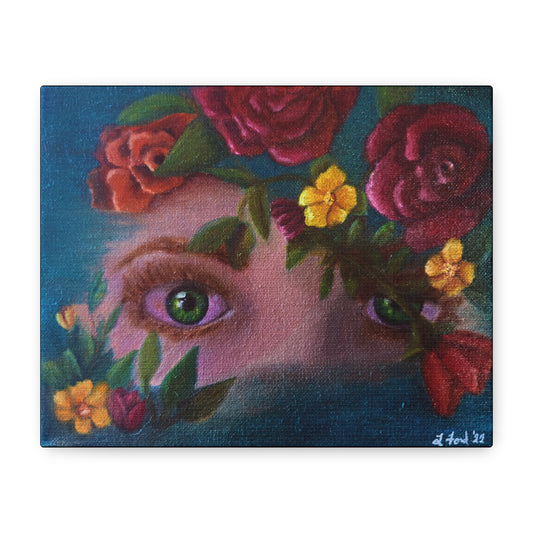 Floral Gaze Matte Stretched Canvas Art — Surreal Eyes with Rose Wreath