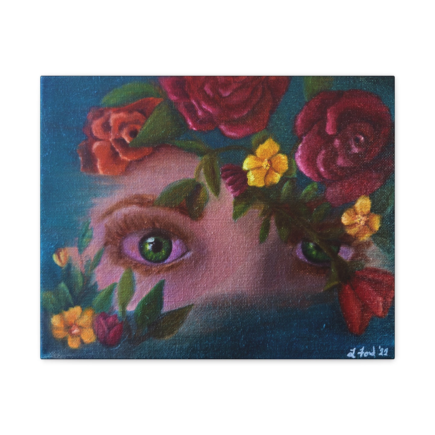 Floral Gaze Matte Stretched Canvas Art — Surreal Eyes with Rose Wreath
