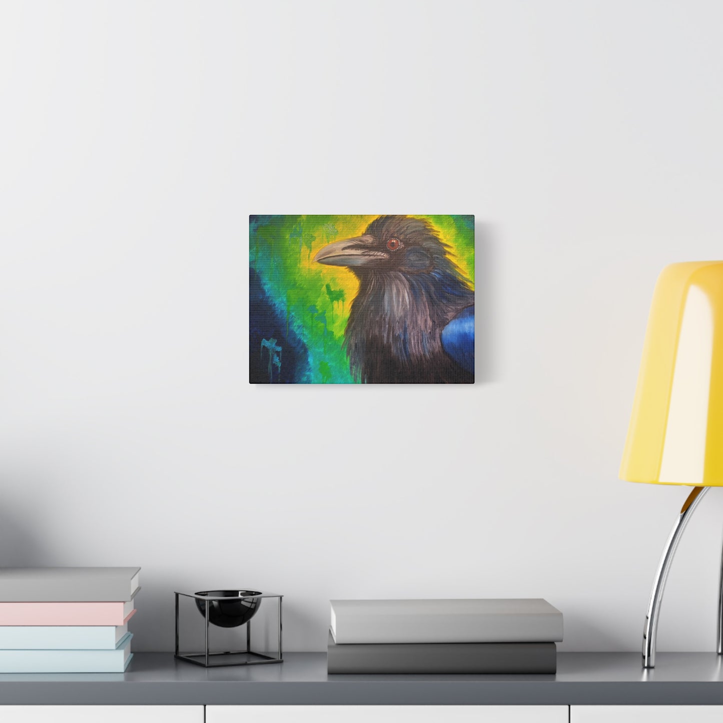 Raven Portrait Matte Canvas Art | Vibrant Green & Blue Stretched Wall Decor