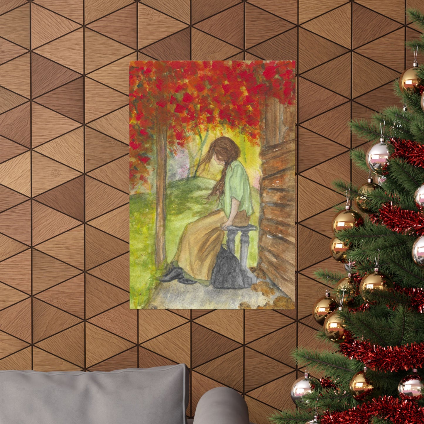 Autumn Porch Daydream Matte Poster — Girl with Red Leaves Art Print