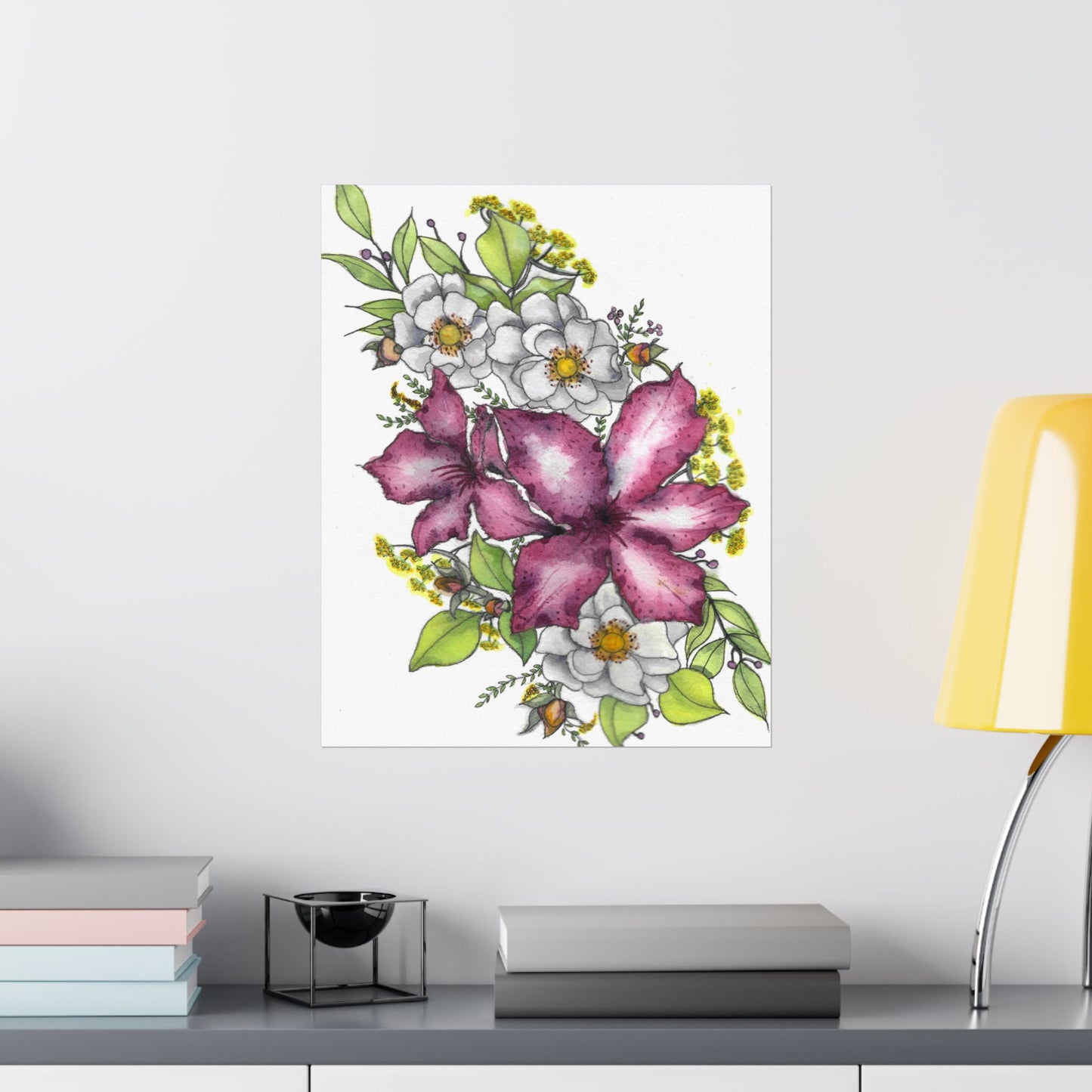 Floral Watercolor Poster | Pink Lily & White Blossoms Matte Vertical Print