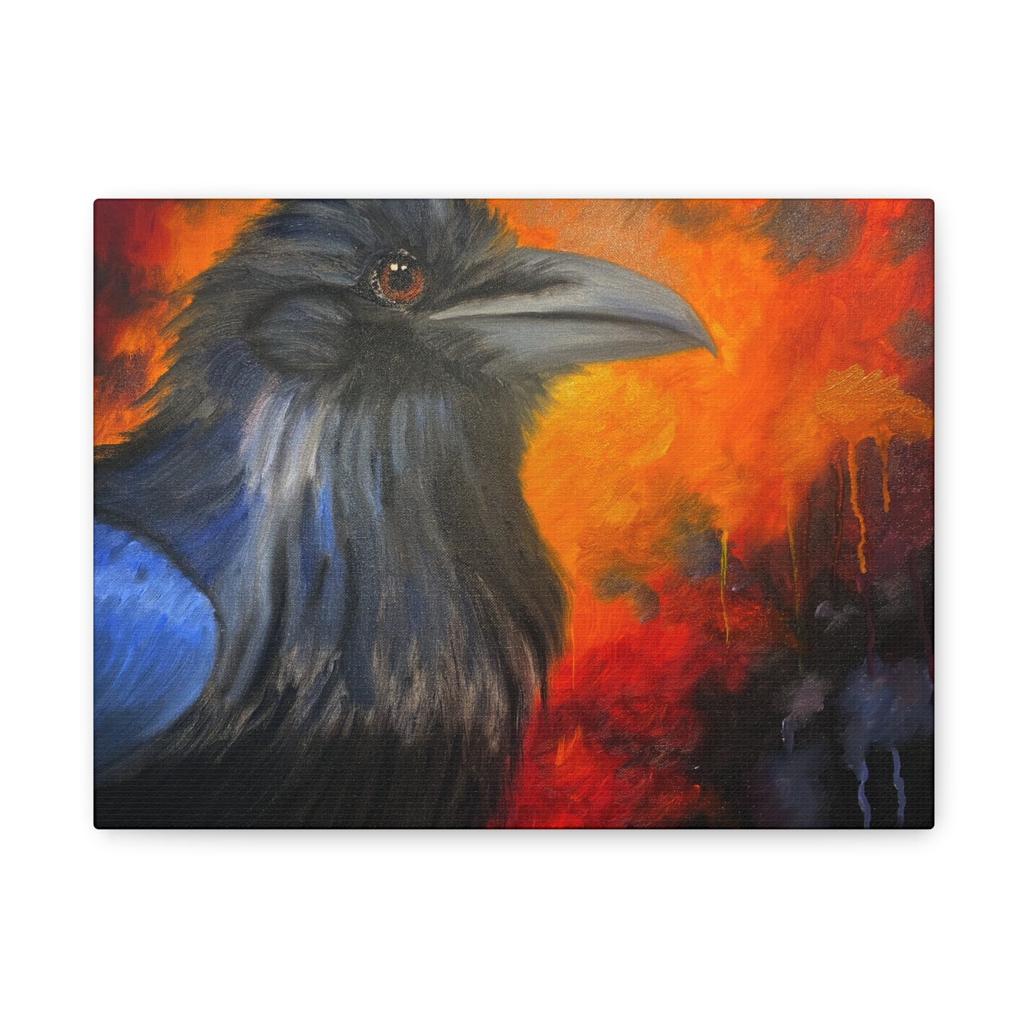 Raven Portrait Canvas Wall Art | Dramatic Blue & Ember Bird Painting