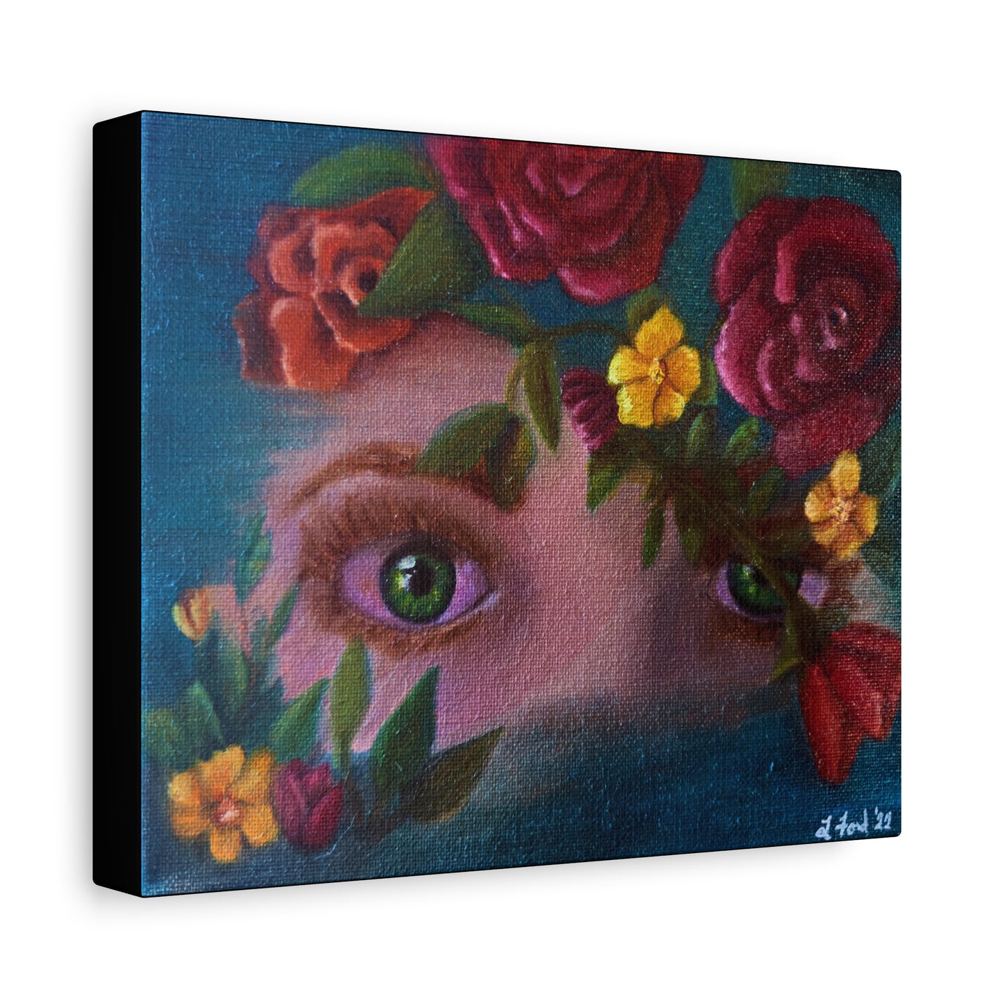 Floral Gaze Matte Stretched Canvas Art — Surreal Eyes with Rose Wreath