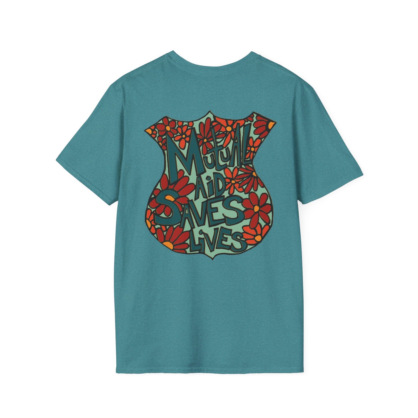 Vintage Floral Shield T‑Shirt — 'Mutual Aid Saves Lives' Pocket Graphic