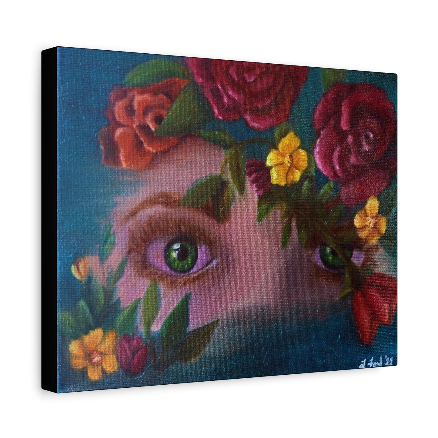 Floral Gaze Matte Stretched Canvas Art — Surreal Eyes with Rose Wreath
