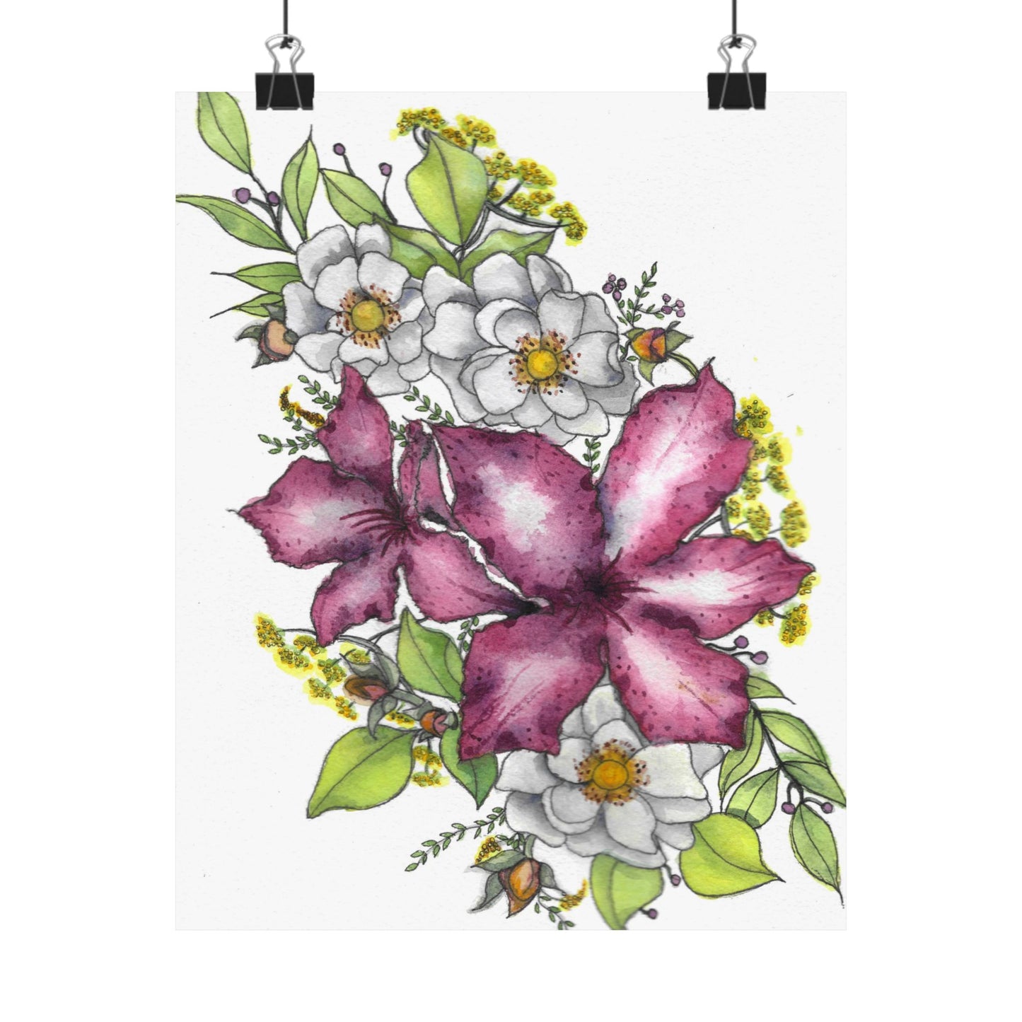 Floral Watercolor Poster | Pink Lily & White Blossoms Matte Vertical Print