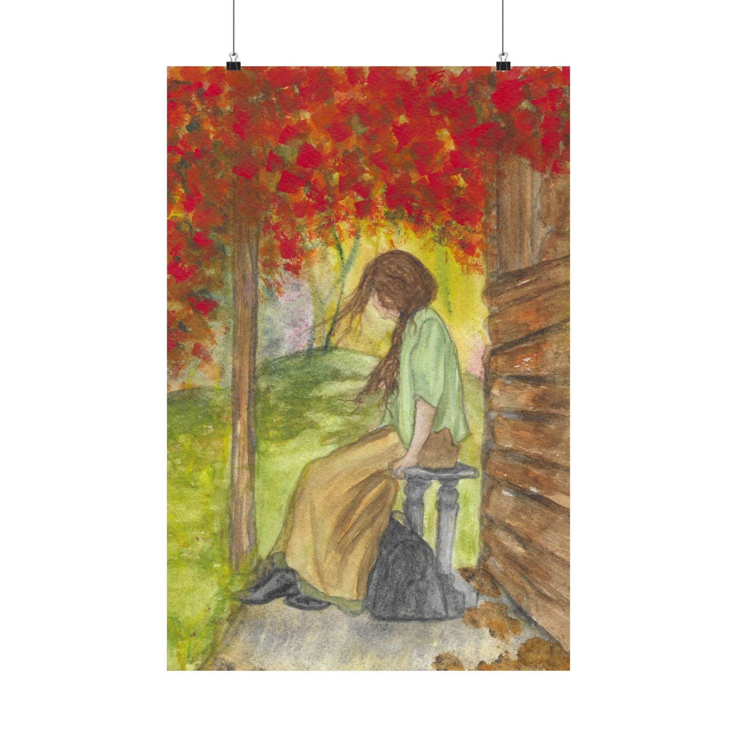 Autumn Porch Daydream Matte Poster — Girl with Red Leaves Art Print