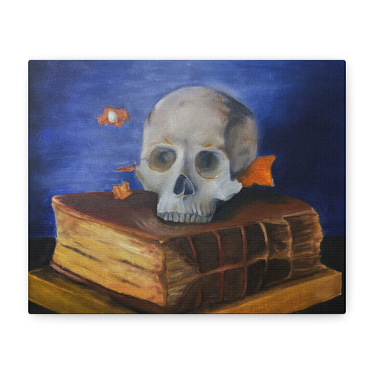 Skull & Old Book Canvas Art — Vanitas Still Life Wall Decor