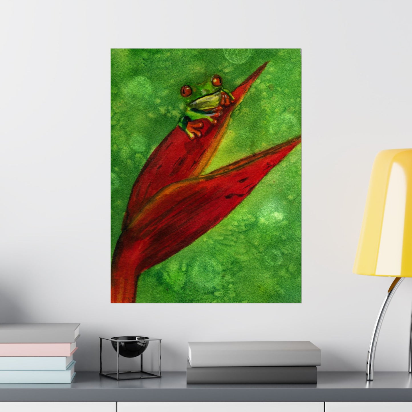 Tropical Tree Frog Art Poster | Green Watercolor Frog on Red Heliconia (Matte Vertical)