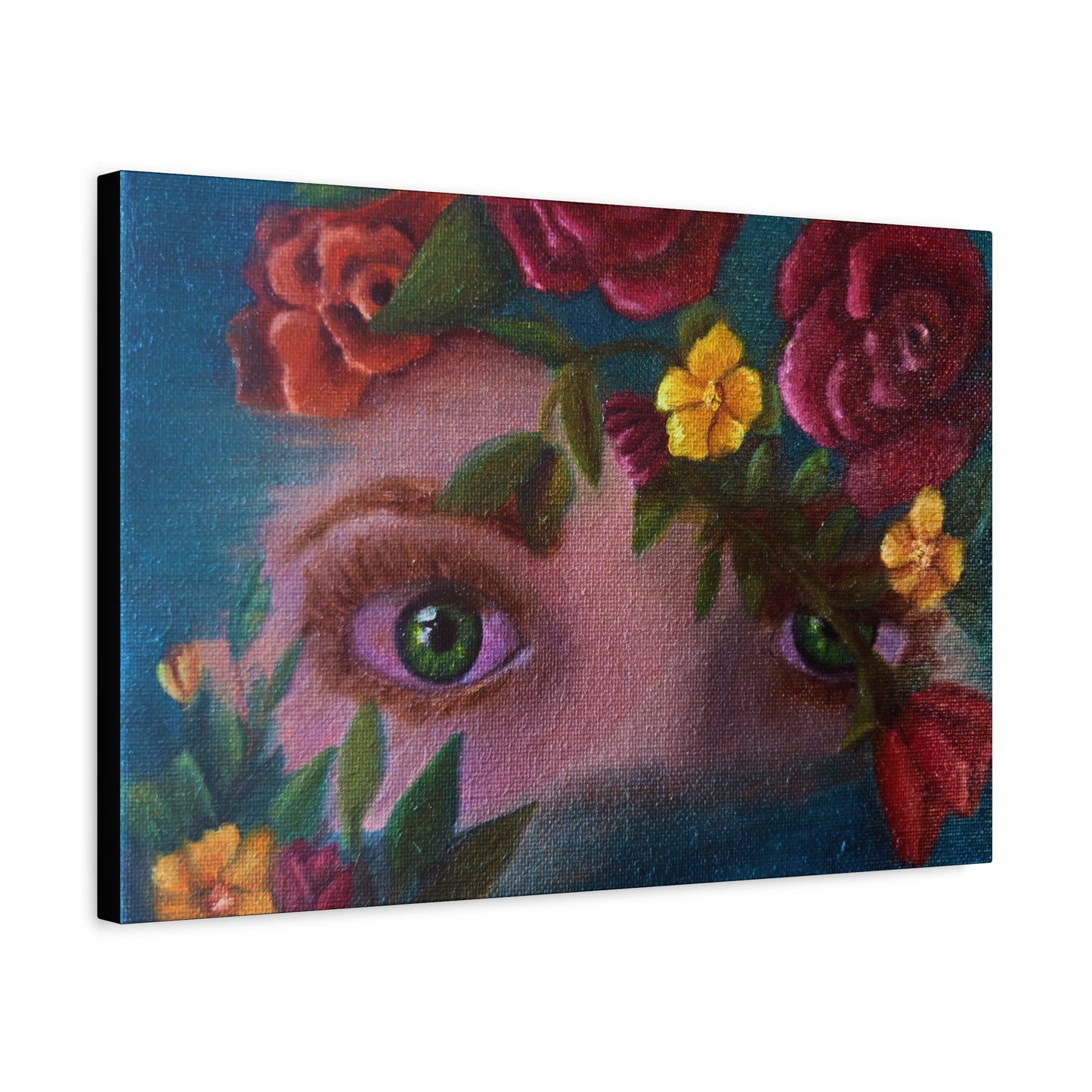 Floral Gaze Matte Stretched Canvas Art — Surreal Eyes with Rose Wreath