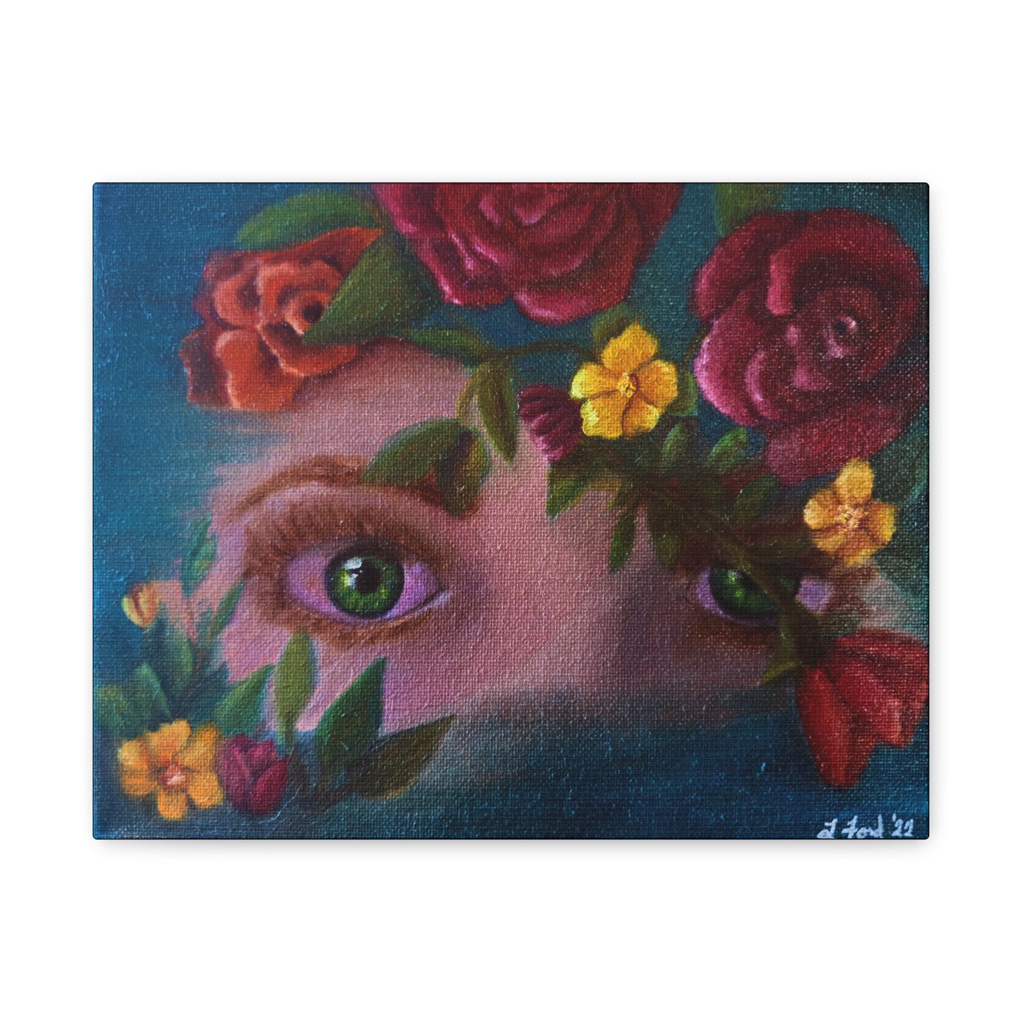 Floral Gaze Matte Stretched Canvas Art — Surreal Eyes with Rose Wreath