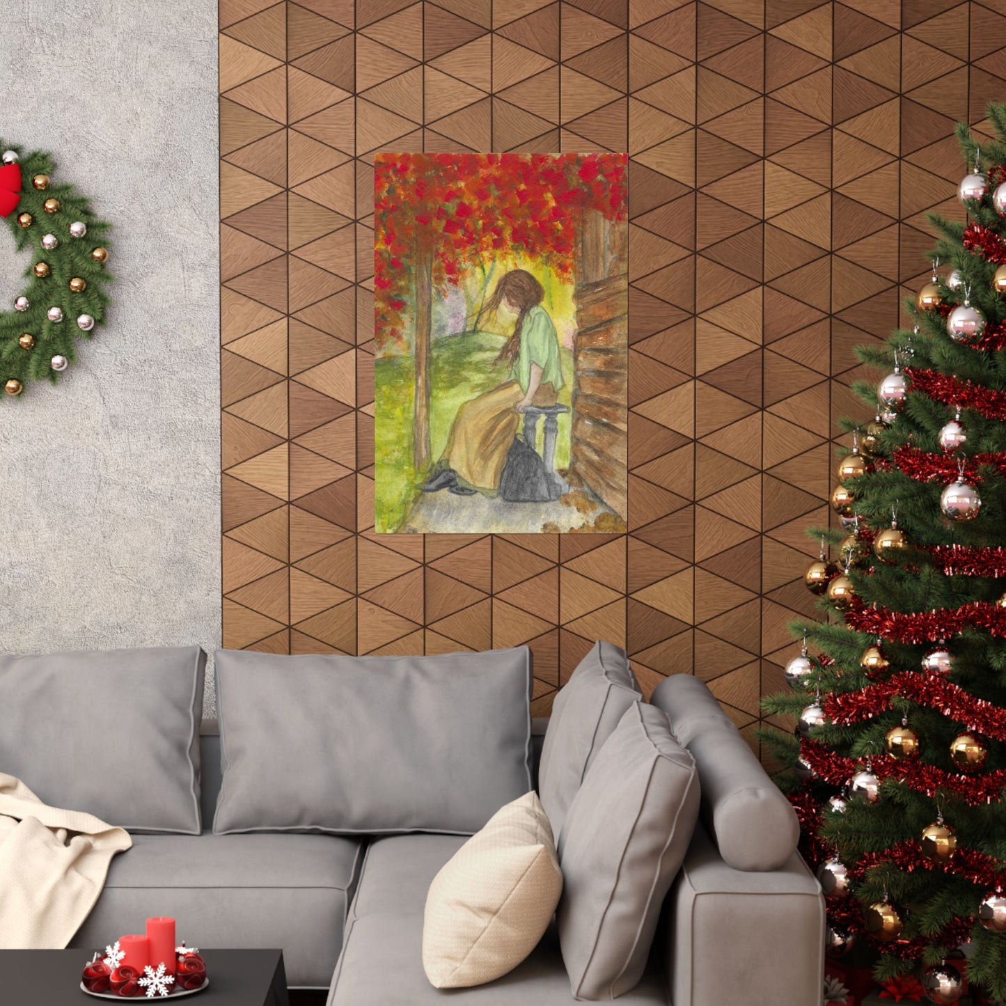 Autumn Porch Daydream Matte Poster — Girl with Red Leaves Art Print