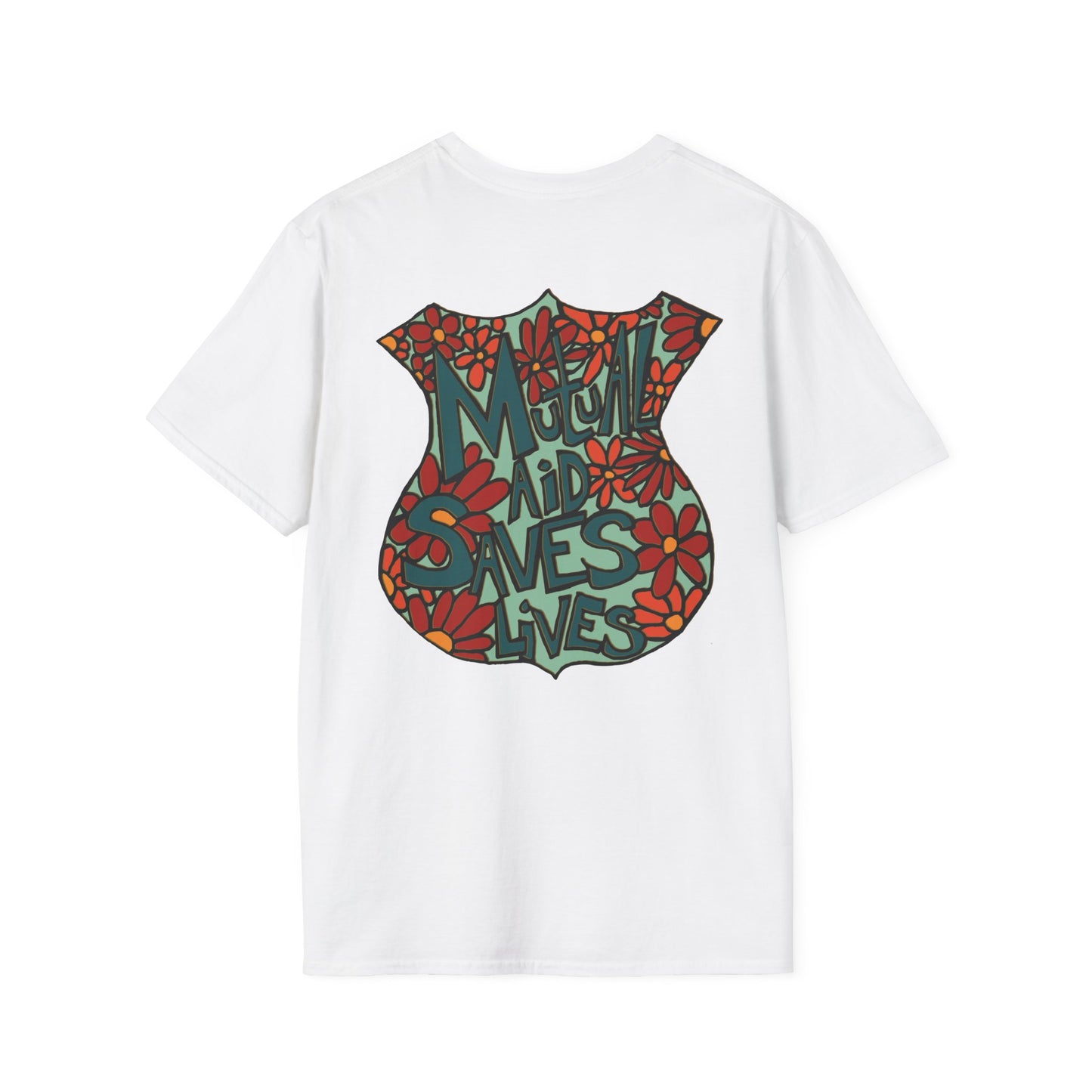 Vintage Floral Shield T‑Shirt — 'Mutual Aid Saves Lives' Pocket Graphic