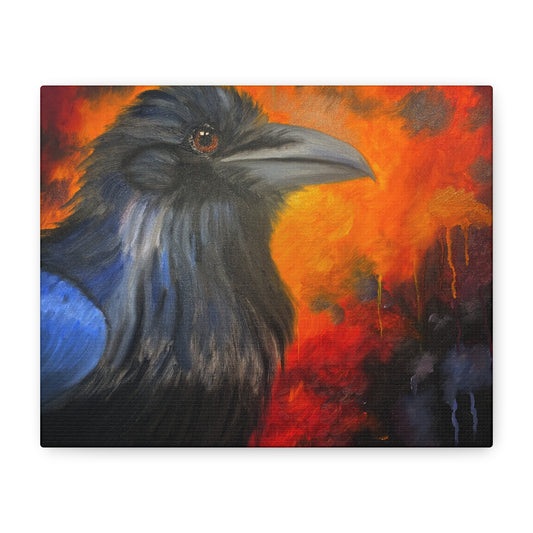 Raven Portrait Canvas Wall Art | Dramatic Blue & Ember Bird Painting