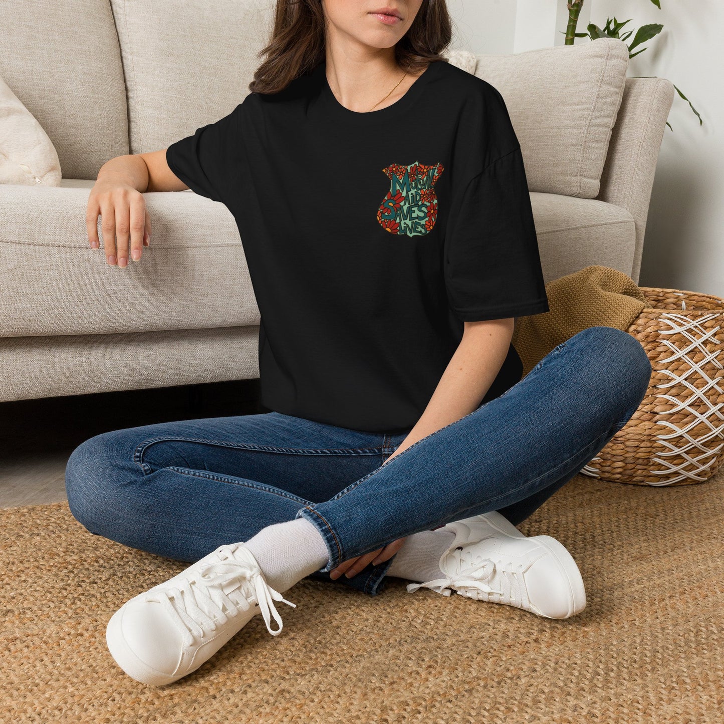 Vintage Floral Shield T‑Shirt — 'Mutual Aid Saves Lives' Pocket Graphic