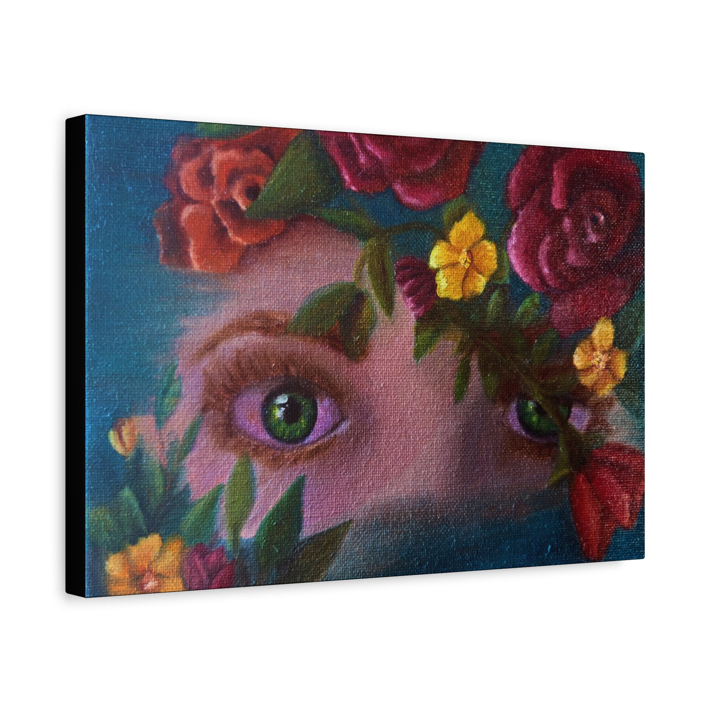 Floral Gaze Matte Stretched Canvas Art — Surreal Eyes with Rose Wreath