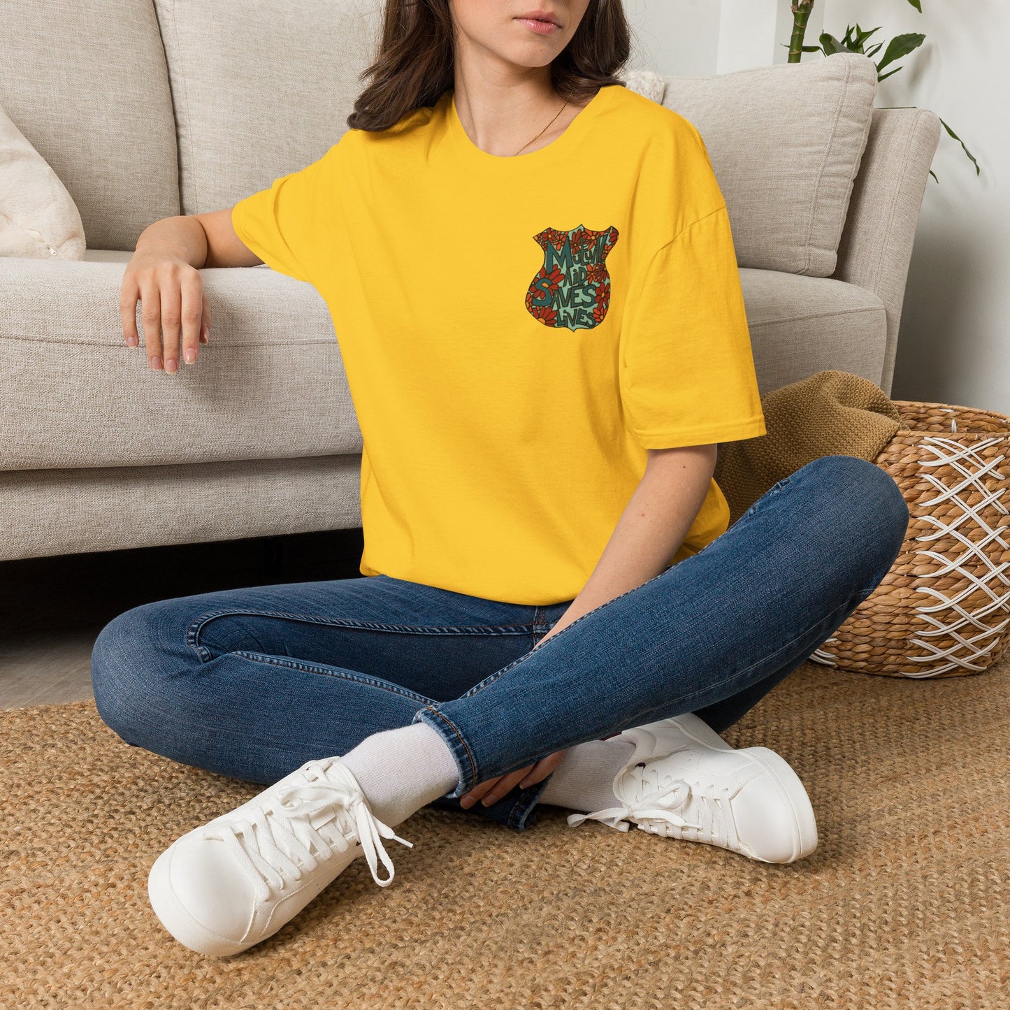 Vintage Floral Shield T‑Shirt — 'Mutual Aid Saves Lives' Pocket Graphic
