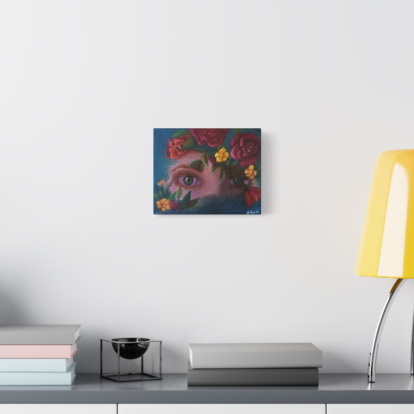 Floral Gaze Matte Stretched Canvas Art — Surreal Eyes with Rose Wreath