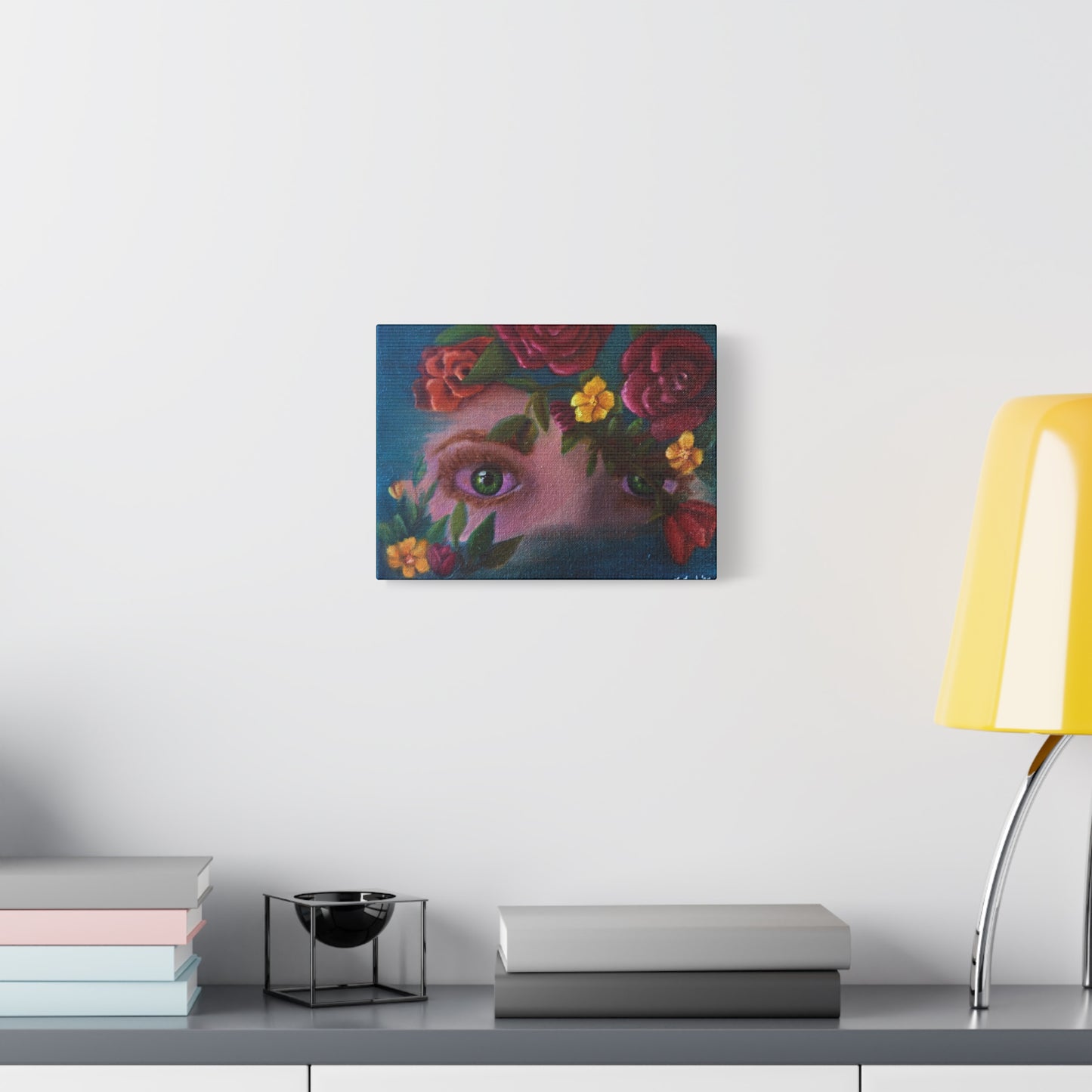 Floral Gaze Matte Stretched Canvas Art — Surreal Eyes with Rose Wreath