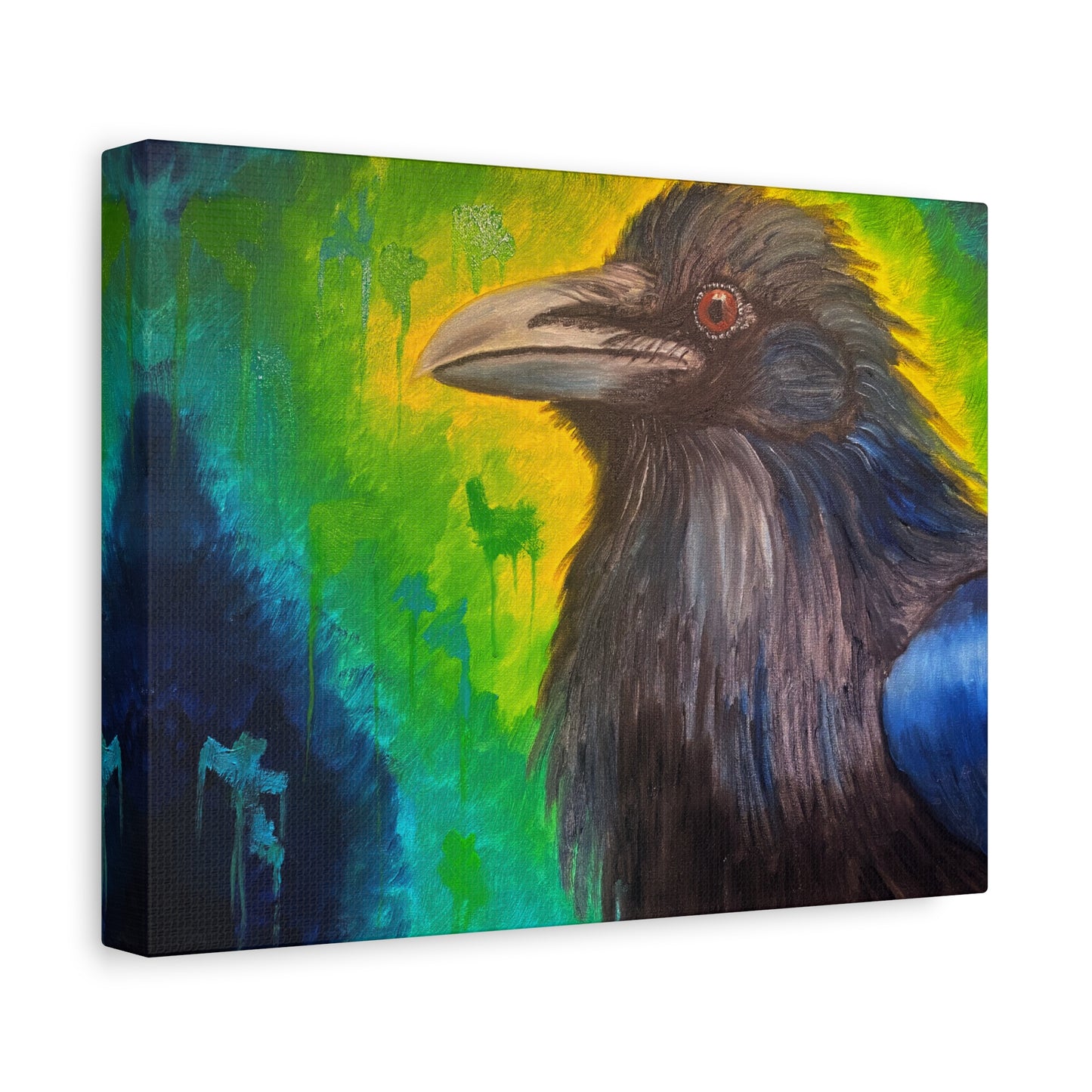 Raven Portrait Matte Canvas Art | Vibrant Green & Blue Stretched Wall Decor