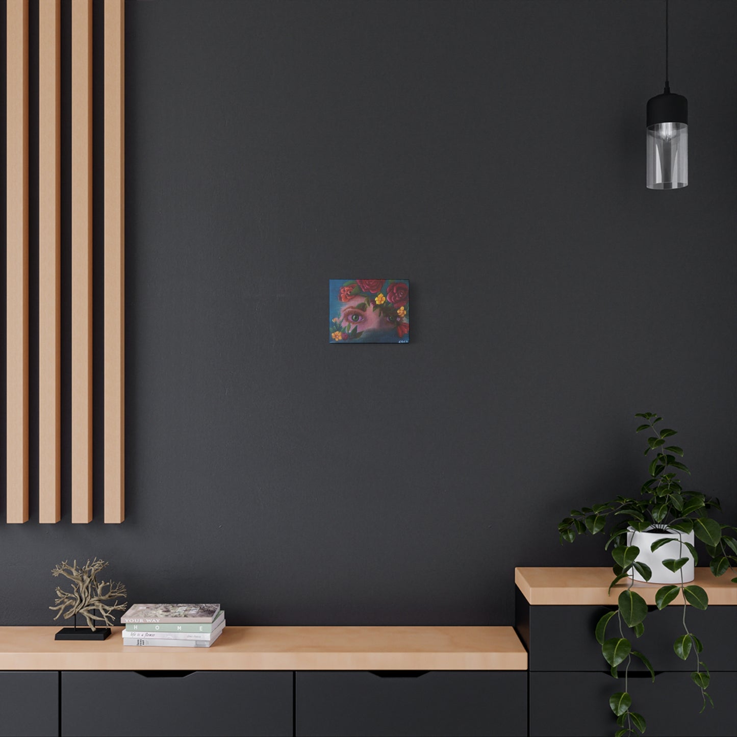 Floral Gaze Matte Stretched Canvas Art — Surreal Eyes with Rose Wreath