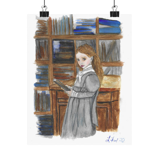Vintage Library Girl Matte Poster — Watercolor Bookish Wall Art