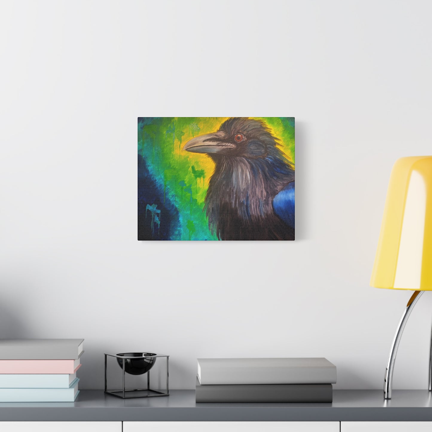 Raven Portrait Matte Canvas Art | Vibrant Green & Blue Stretched Wall Decor