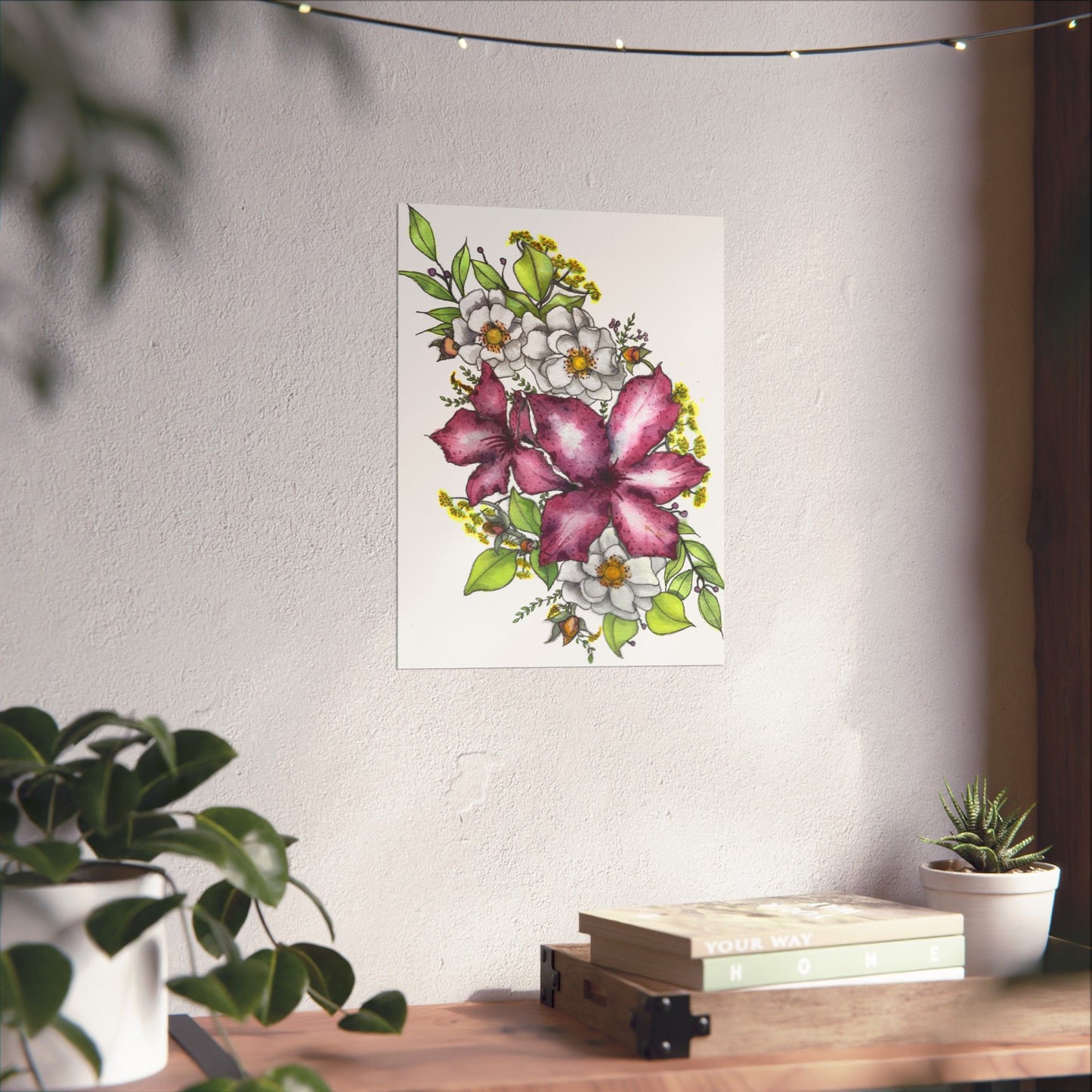 Floral Watercolor Poster | Pink Lily & White Blossoms Matte Vertical Print