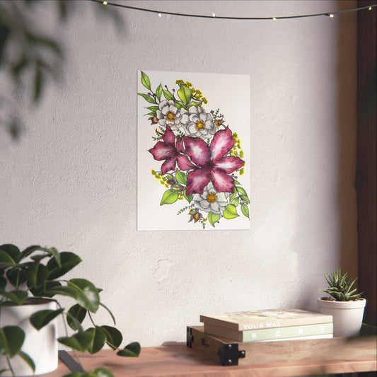 Floral Watercolor Poster | Pink Lily & White Blossoms Matte Vertical Print