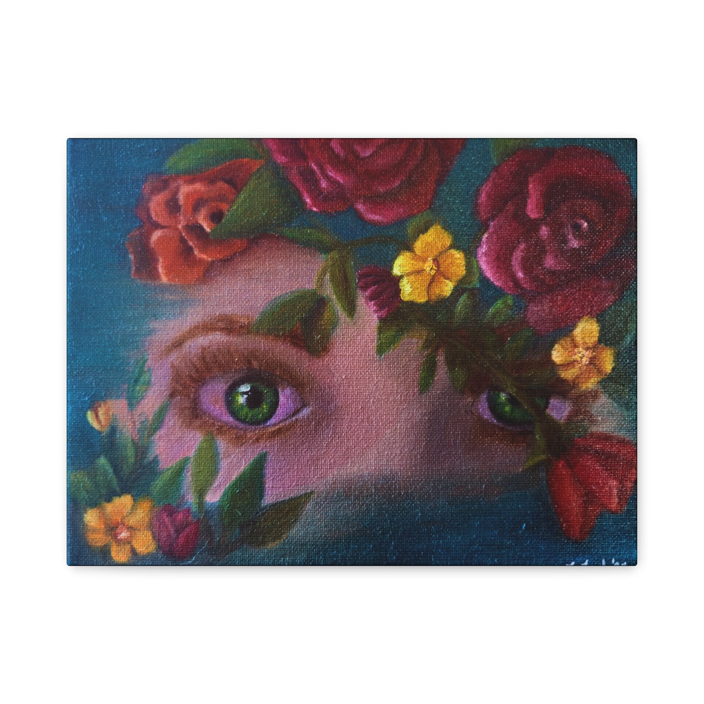 Floral Gaze Matte Stretched Canvas Art — Surreal Eyes with Rose Wreath