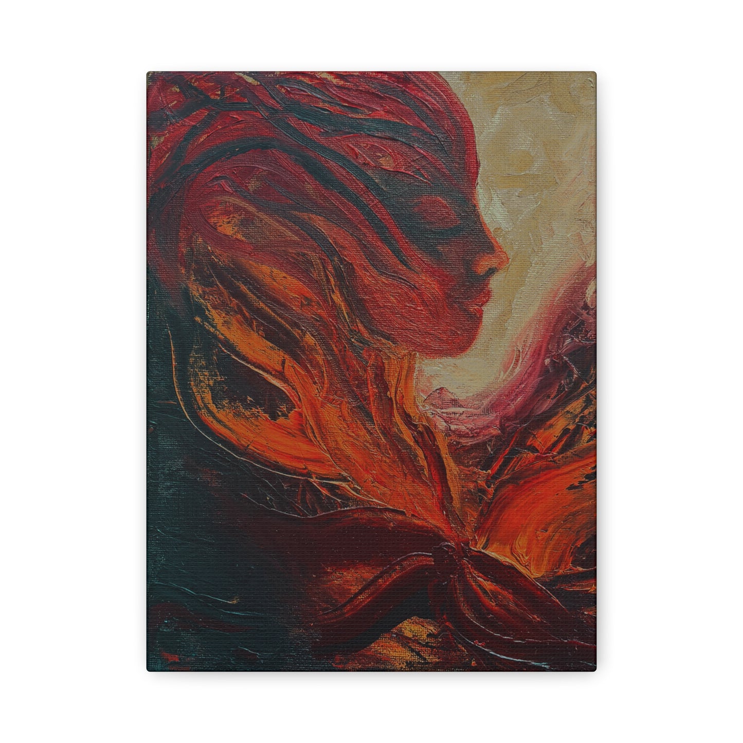 Abstract Phoenix Portrait Matte Canvas Wall Art | Fiery Female Silhouette Stretched Canvas