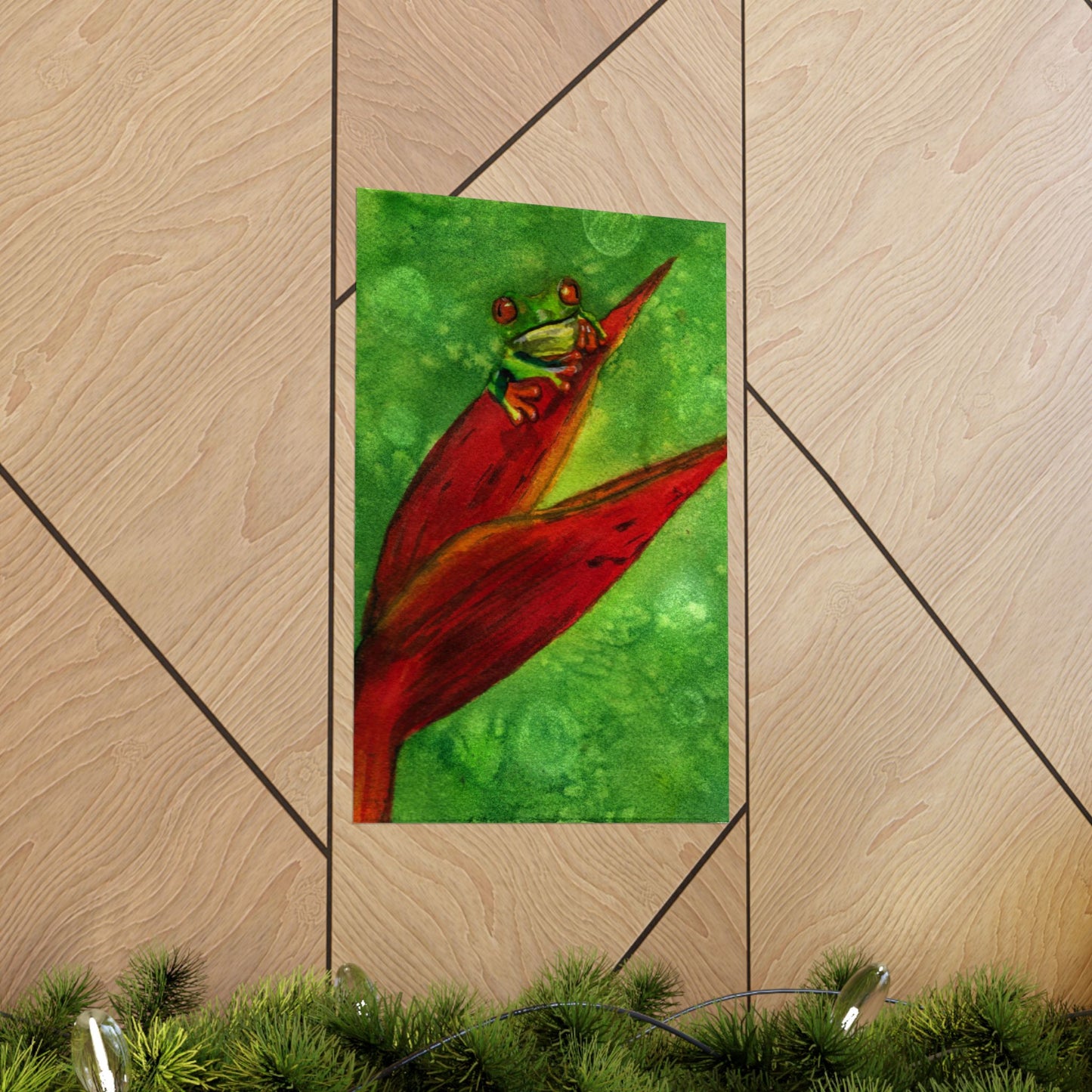 Tropical Tree Frog Art Poster | Green Watercolor Frog on Red Heliconia (Matte Vertical)