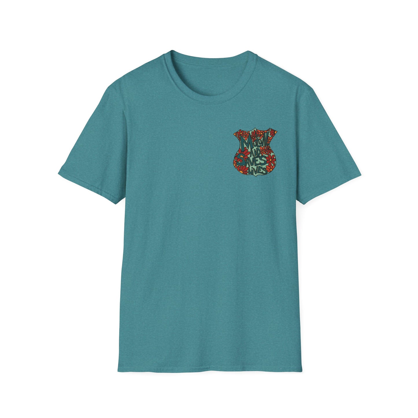 Vintage Floral Shield T‑Shirt — 'Mutual Aid Saves Lives' Pocket Graphic