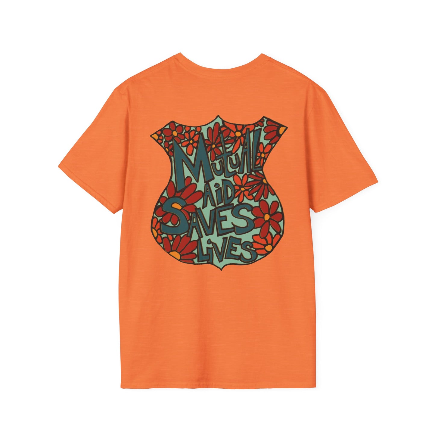 Vintage Floral Shield T‑Shirt — 'Mutual Aid Saves Lives' Pocket Graphic