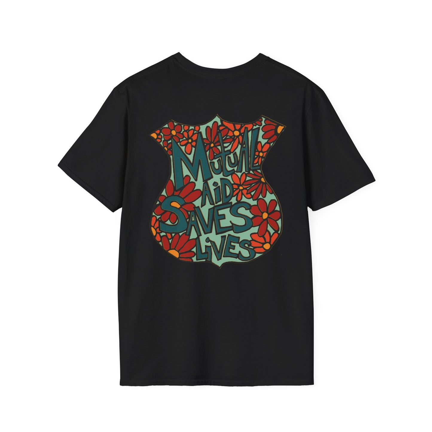 Vintage Floral Shield T‑Shirt — 'Mutual Aid Saves Lives' Pocket Graphic