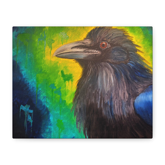 Raven Portrait Matte Canvas Art | Vibrant Green & Blue Stretched Wall Decor