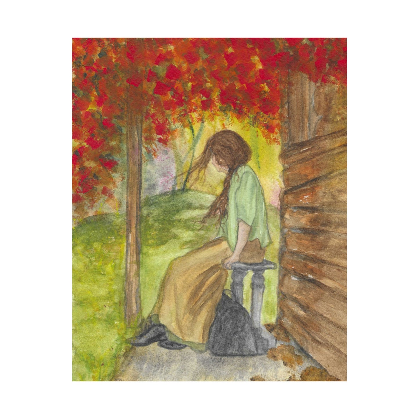 Autumn Porch Daydream Matte Poster — Girl with Red Leaves Art Print